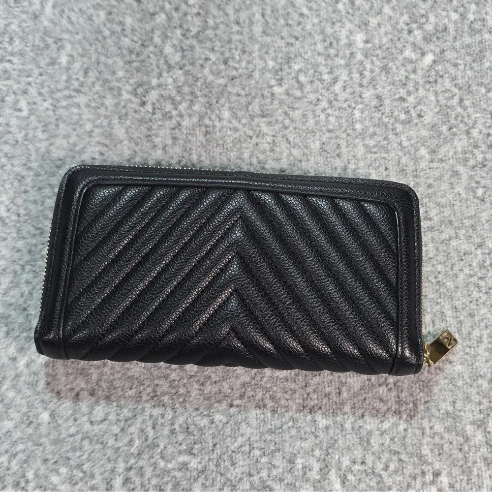 Women's Black Quilted Zip-Around Wallet Logo Accent Pink Interior Credit Card